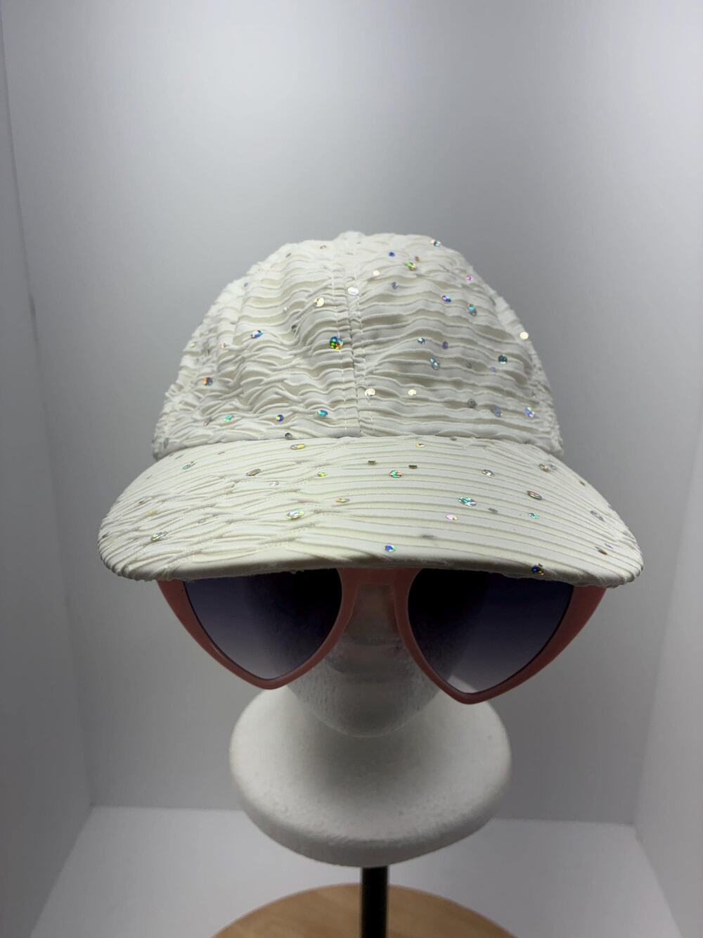 Vintage Y2K White Rhinestone Baseball Cap | 2000s Glam Ruched Hat | Bedazzled